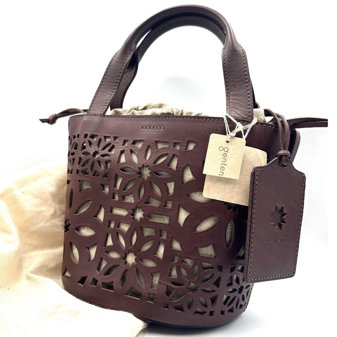 新品未使用 genten ゲンテン カットワーク ハンドバッグ 巾着付 茶 本革