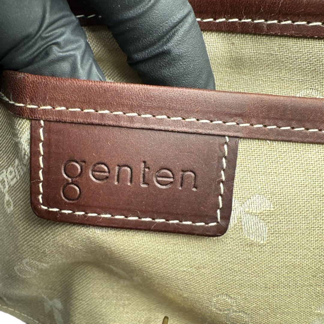 新品未使用 genten ゲンテン カットワーク ハンドバッグ 巾着付 茶 本革