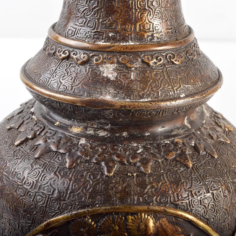 中国　乾隆年製　古銅鍍金　龍鳥文瓶　M　R4597