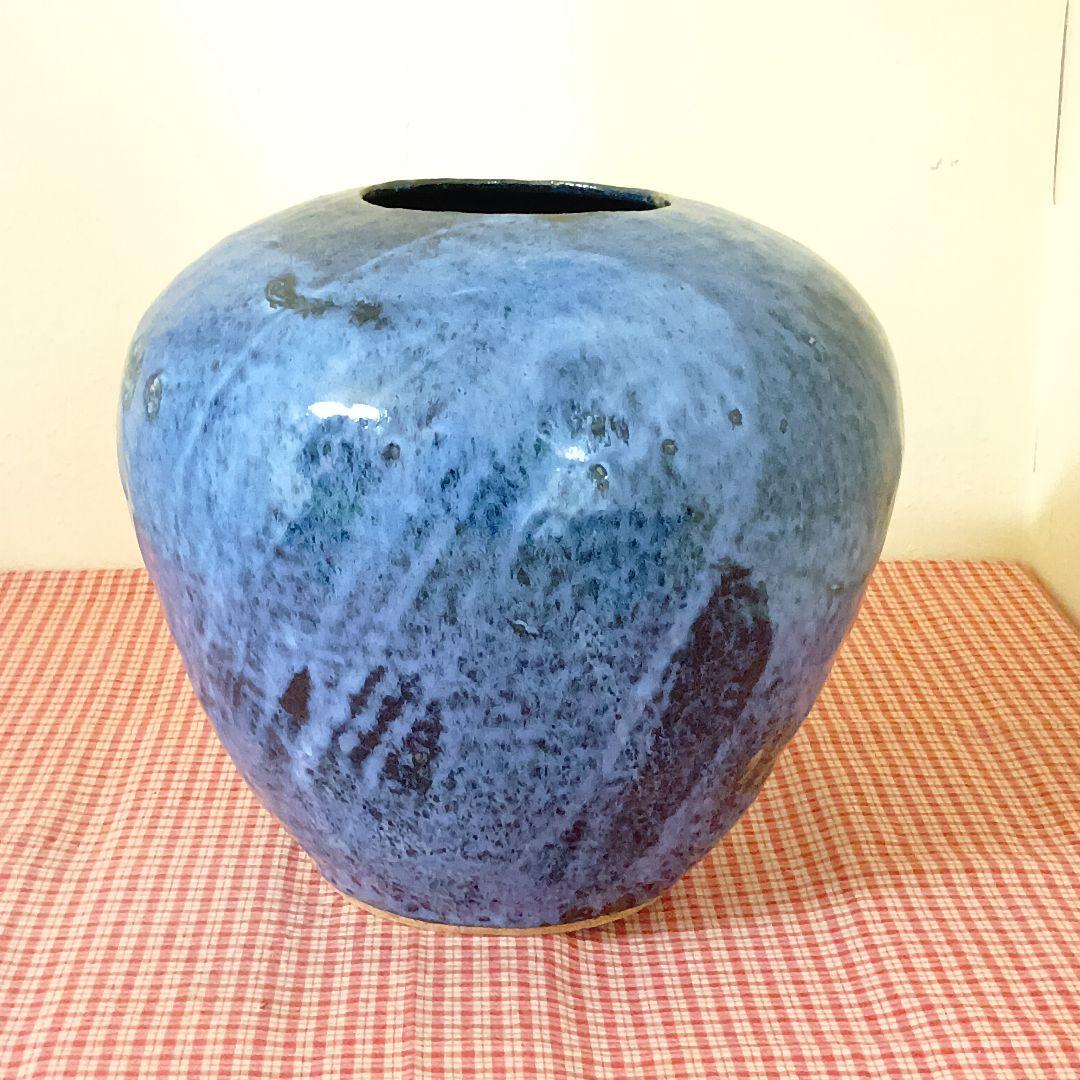 青色の陶器花瓶 釉薬