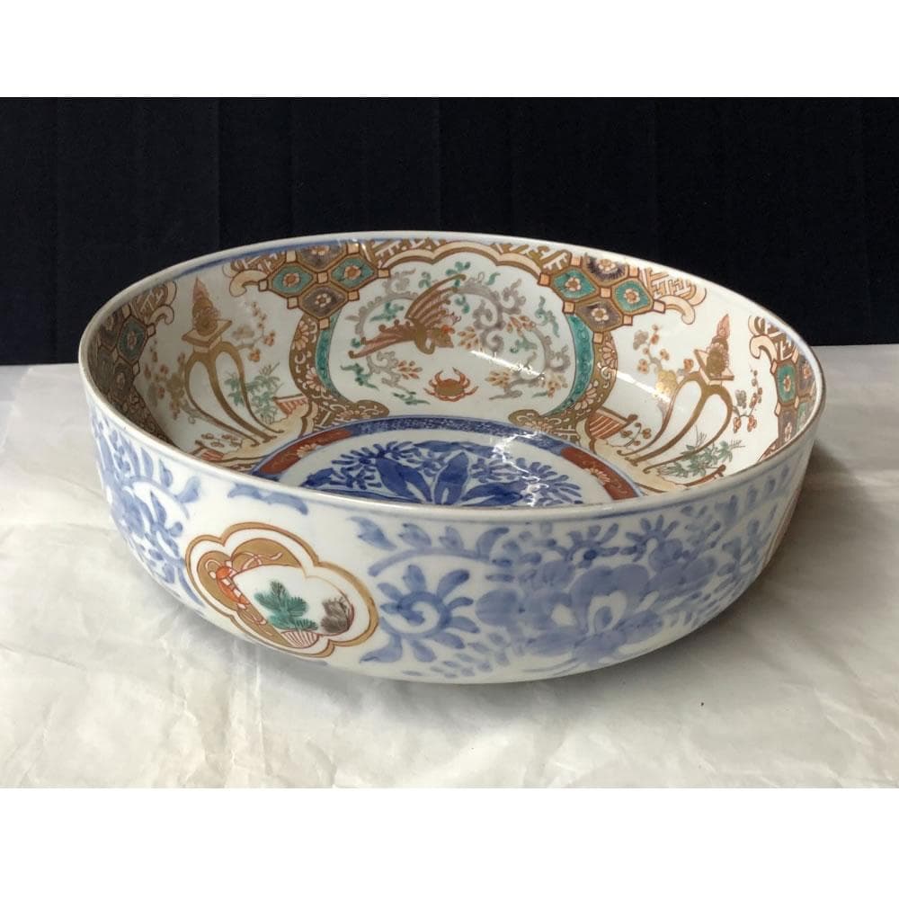 きなこ　e3002 古伊万里 色絵 鉢 径24.7cm 二重高台