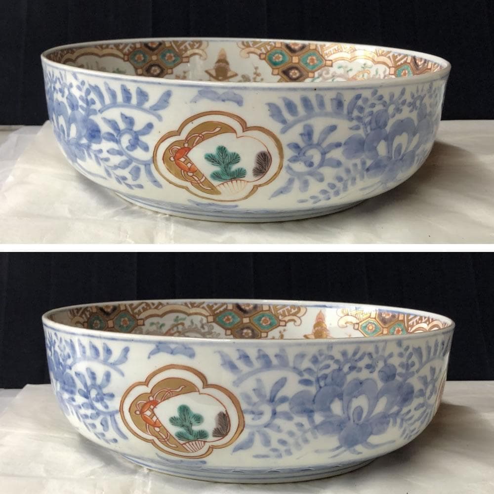 きなこ　e3002 古伊万里 色絵 鉢 径24.7cm 二重高台