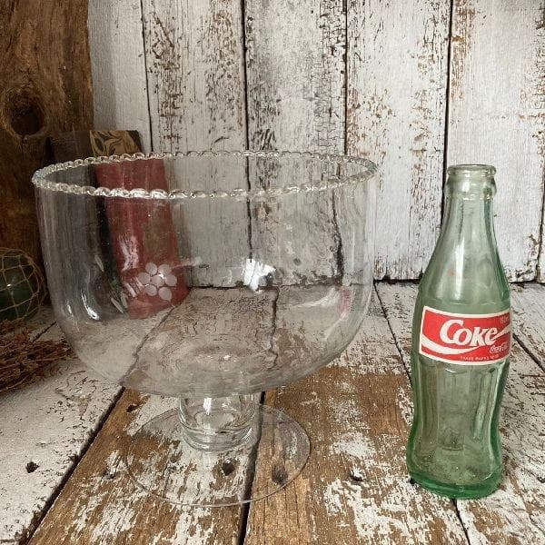 ヴィンテージ 波縁 気泡 ガラス 脚付 金魚鉢 古硝子 めだか鉢 磨りガラス