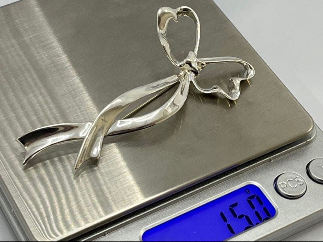 h405 美品　オールドティファニー　リボンボウ　ラージサイズ　ブローチ　925