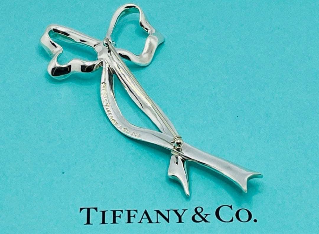 h405 美品　オールドティファニー　リボンボウ　ラージサイズ　ブローチ　925