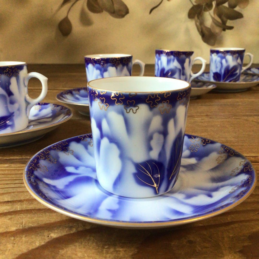 No4397 深川製　珈琲碗皿揃　牡丹金ミル　6客　共箱　有田焼　送料無料