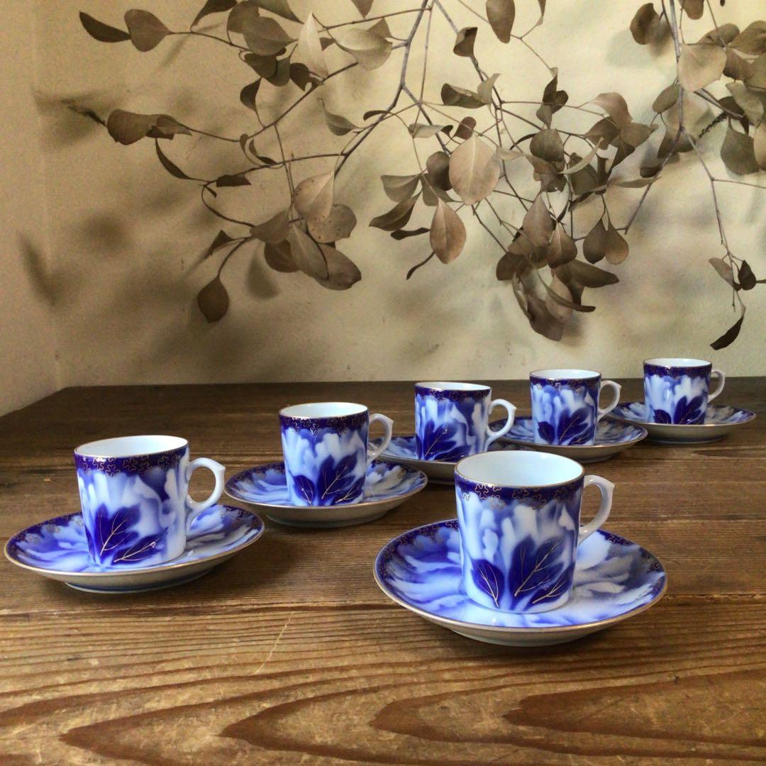 No4397 深川製　珈琲碗皿揃　牡丹金ミル　6客　共箱　有田焼　送料無料