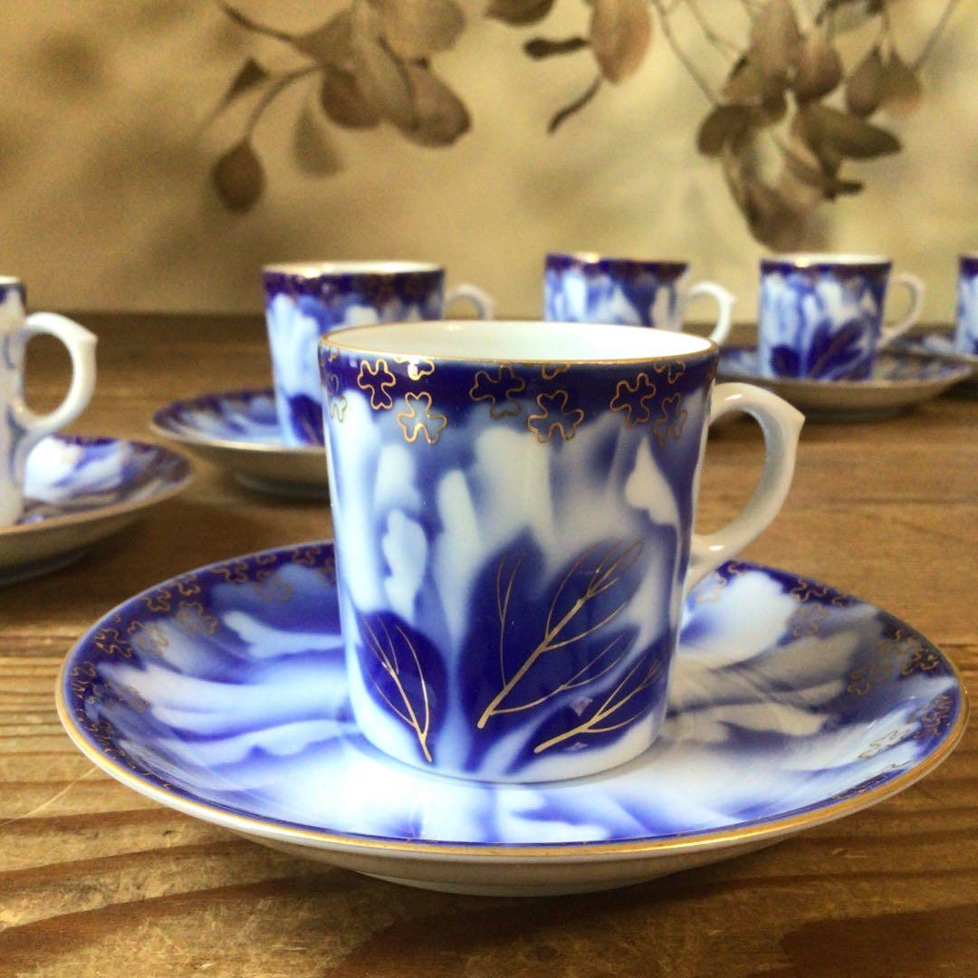 No4397 深川製　珈琲碗皿揃　牡丹金ミル　6客　共箱　有田焼　送料無料