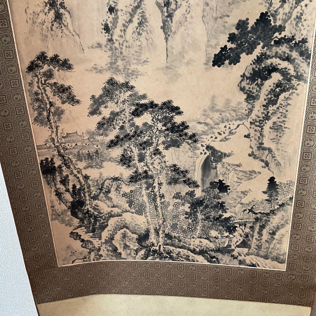 中国画 紙本水墨山水図 落款印譜在 作者不詳 軸先木細工