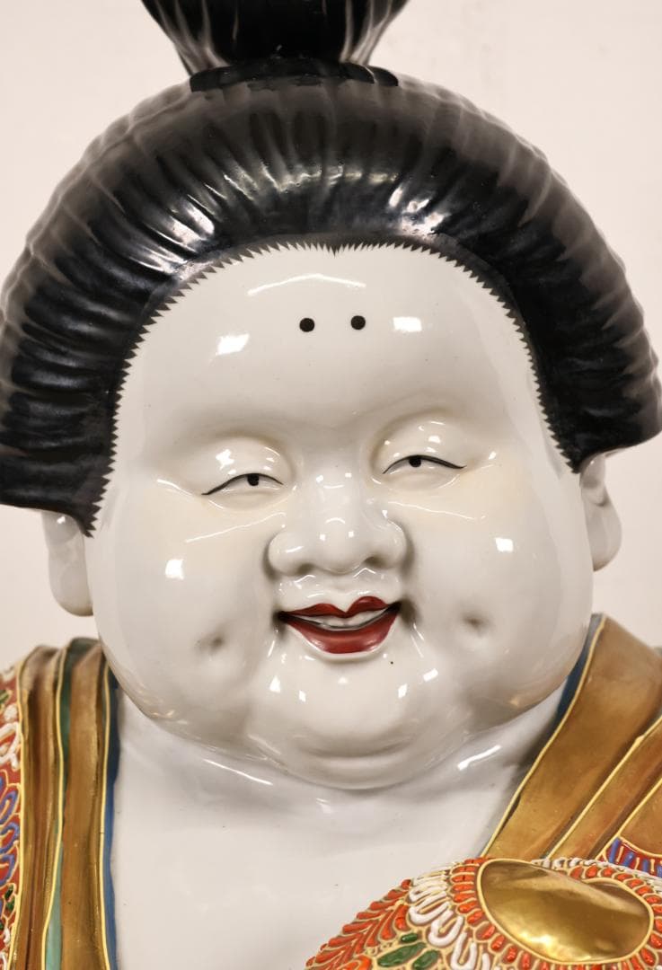 九谷焼 八幡窯 色絵金彩龍図　お多福 像　お福　置物　高さ約77cm　BK67