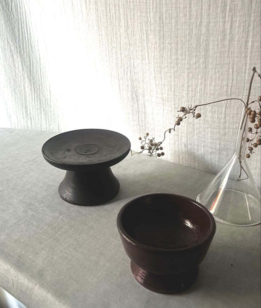 韓国 骨董 木製 高杯 脚付 腕 2点 ビンテージ 李朝コンポティエアンティーク