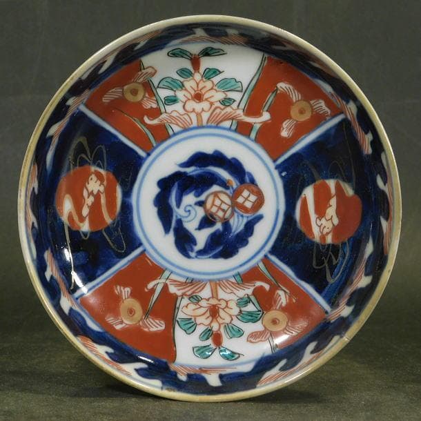 【時代磁器　錦手草花紋　小皿（五枚）富貴長春銘】