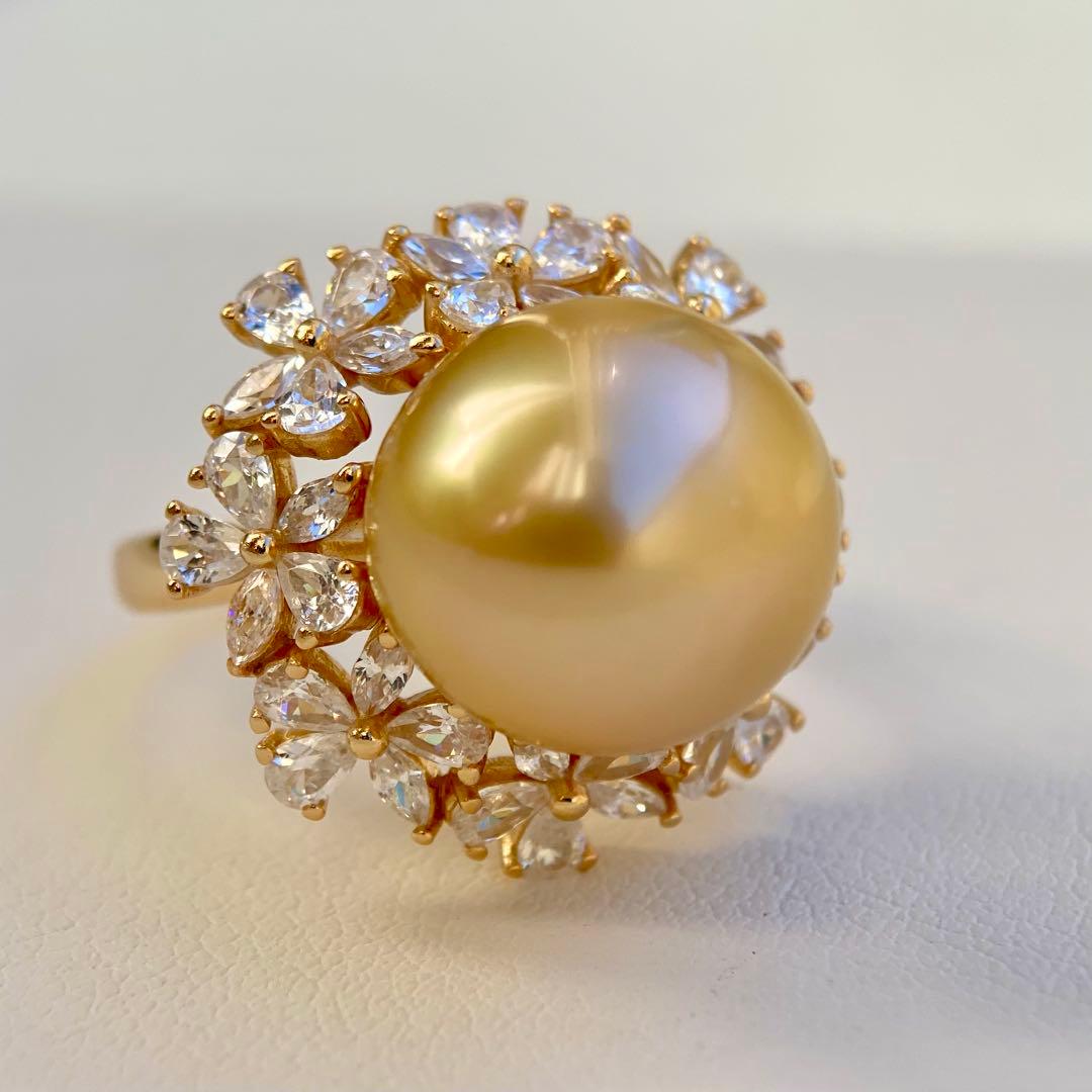 本真珠南洋白蝶真珠　茶金12.9㍉花モチーフs925リングY1018