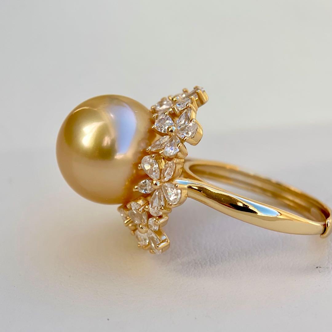 本真珠南洋白蝶真珠　茶金12.9㍉花モチーフs925リングY1018