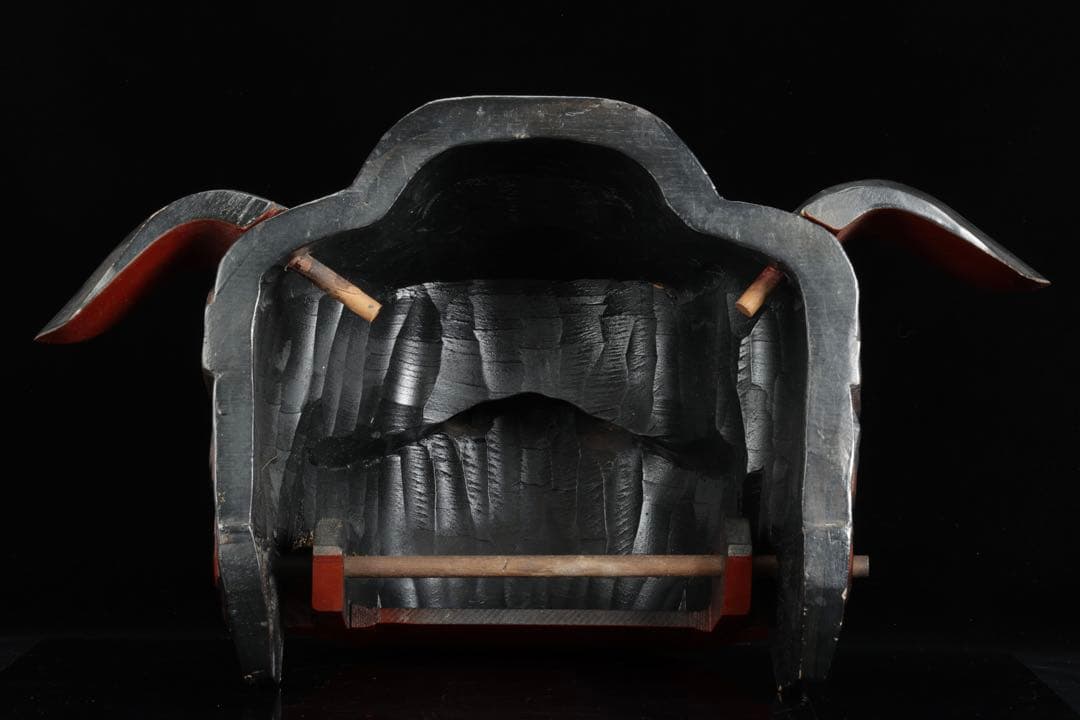 時代物 木彫獅子頭 朱漆金彩 幅60cm 獅子舞 神楽面 魔除 縁起物 骨董品