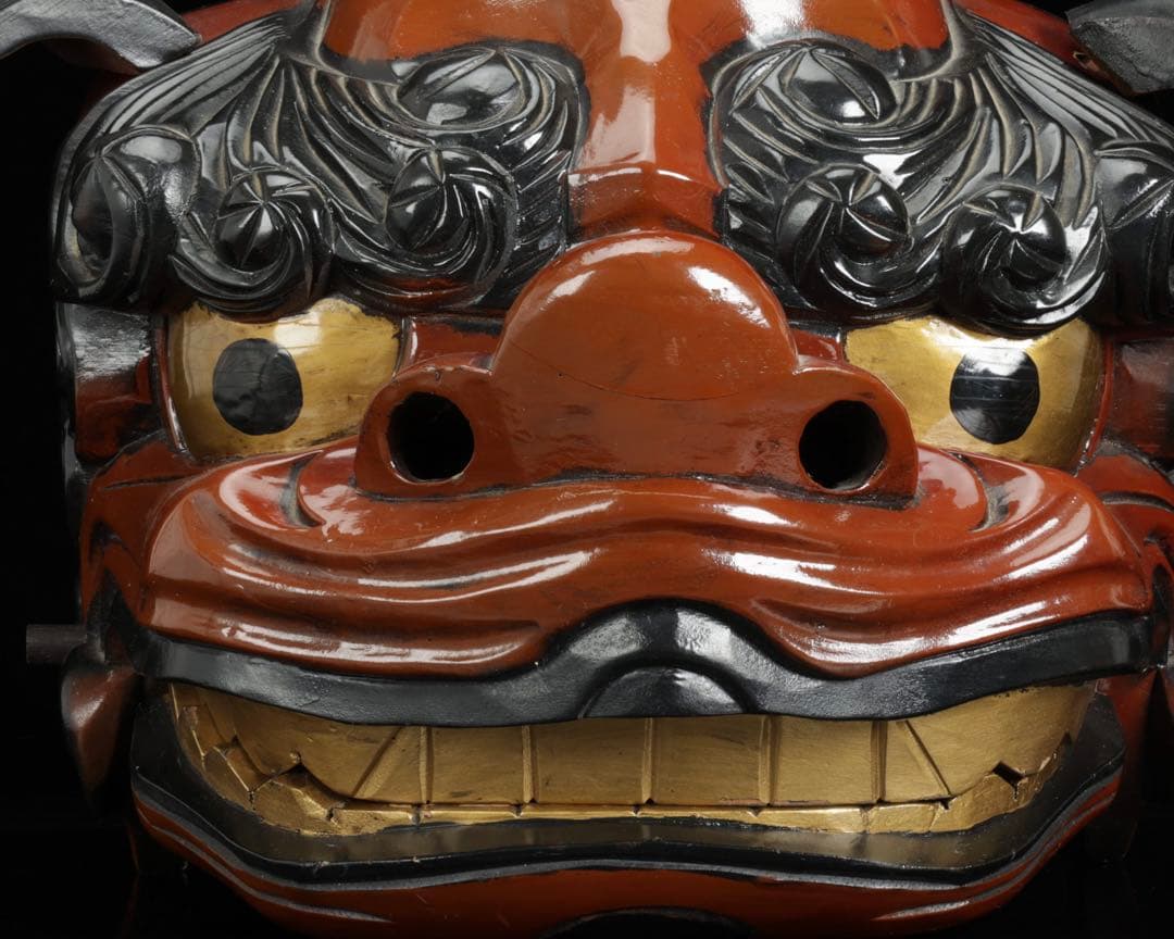 時代物 木彫獅子頭 朱漆金彩 幅60cm 獅子舞 神楽面 魔除 縁起物 骨董品