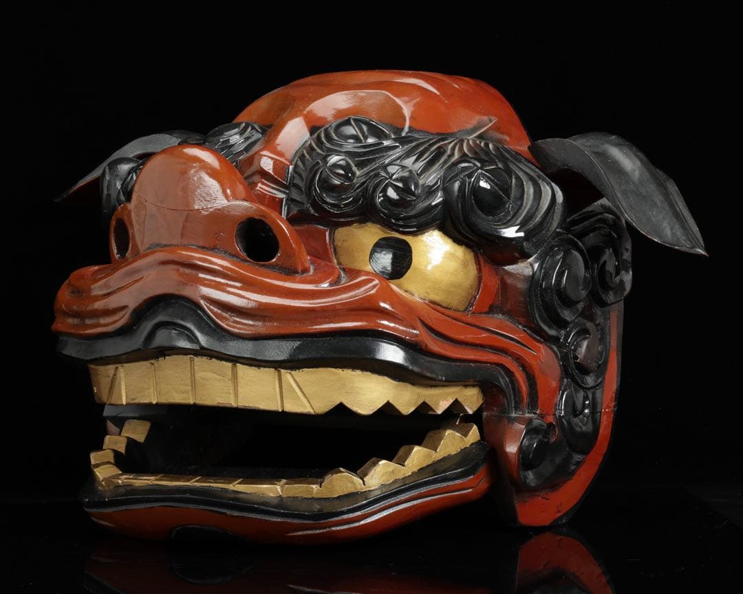 時代物 木彫獅子頭 朱漆金彩 幅60cm 獅子舞 神楽面 魔除 縁起物 骨董品