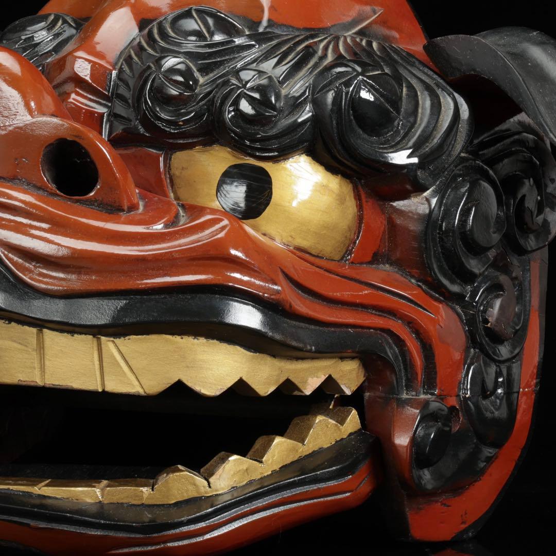 時代物 木彫獅子頭 朱漆金彩 幅60cm 獅子舞 神楽面 魔除 縁起物 骨董品