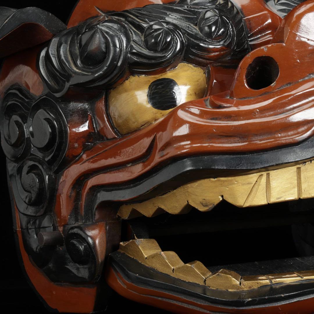時代物 木彫獅子頭 朱漆金彩 幅60cm 獅子舞 神楽面 魔除 縁起物 骨董品