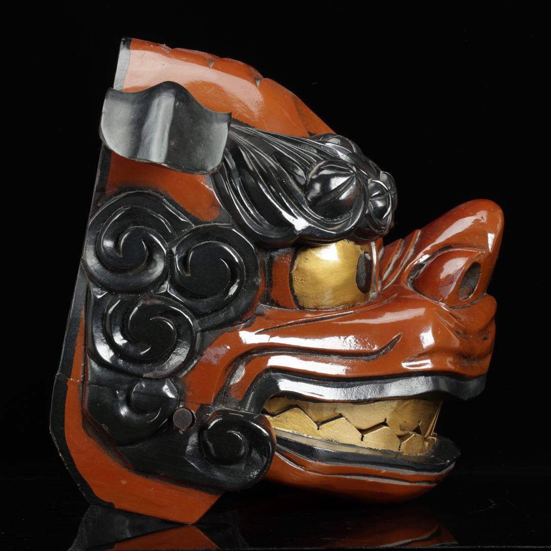 時代物 木彫獅子頭 朱漆金彩 幅60cm 獅子舞 神楽面 魔除 縁起物 骨董品