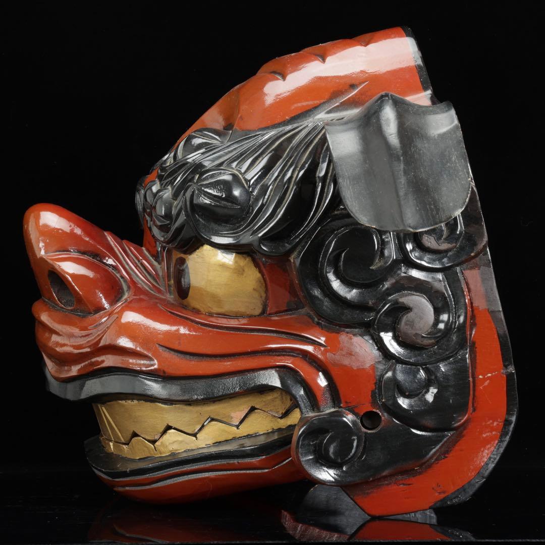 時代物 木彫獅子頭 朱漆金彩 幅60cm 獅子舞 神楽面 魔除 縁起物 骨董品