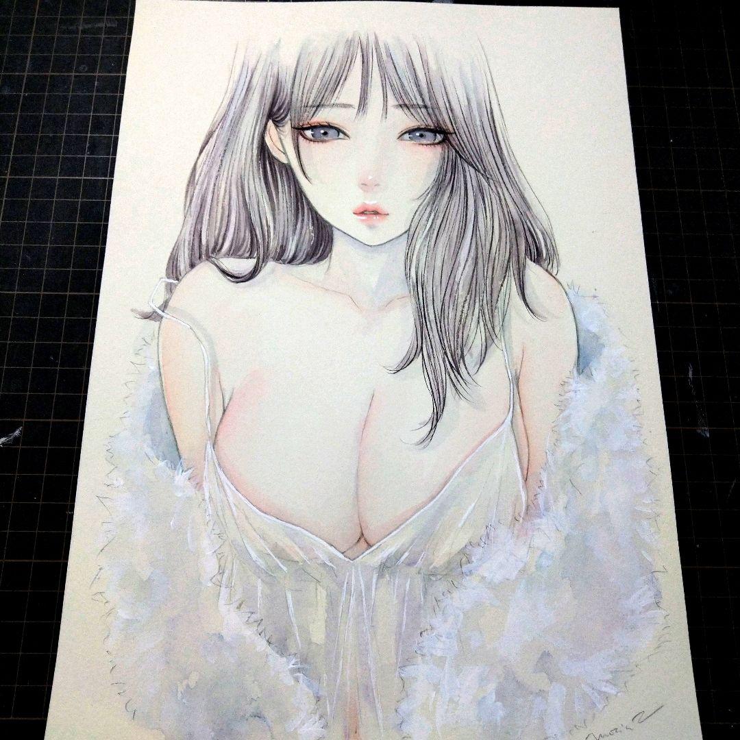 25316E 肉筆原画　手描きイラスト　水彩画　　美人画　A4