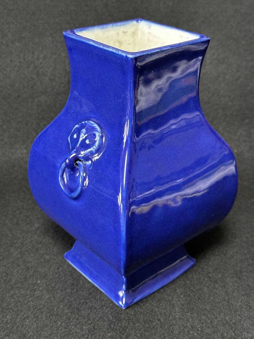 古美術 清 藍釉双耳花瓶　瑠璃釉　高さ約19.5cm 花入　中国美術