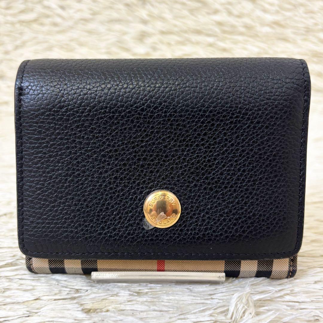 【極美品】バーバリー 三つ折り財布 アイコンストライプ ブラック ベージュ