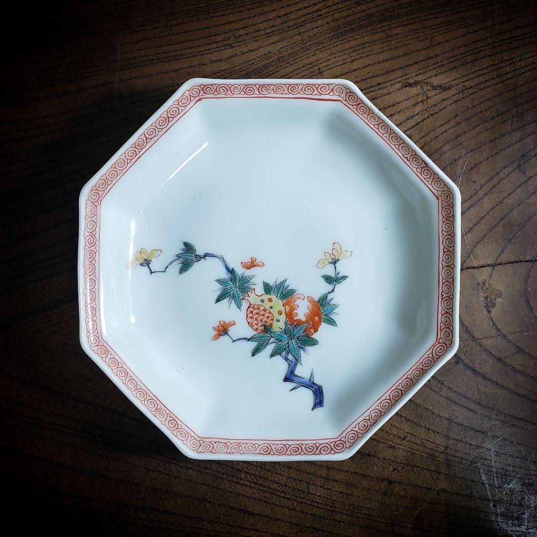 八角形　変形皿　無花果　色絵付　染付　中国童　柿右衛門様式　古伊万里　イ号