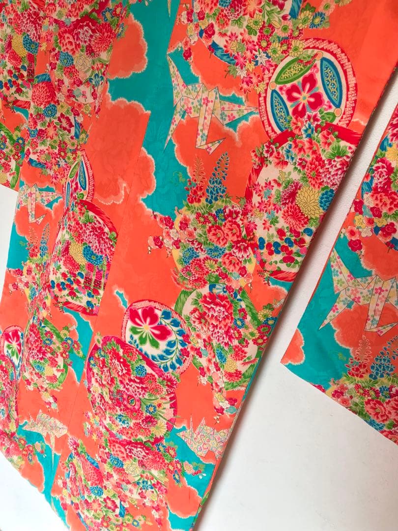 正絹 アンティーク着物 女の子 七五三 ◇花丸 折鶴 古典柄