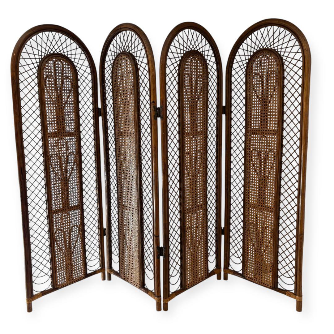 ラタン パーテーション 籐家具 衝立 4連 昭和レトロ アンティーク 高さ137