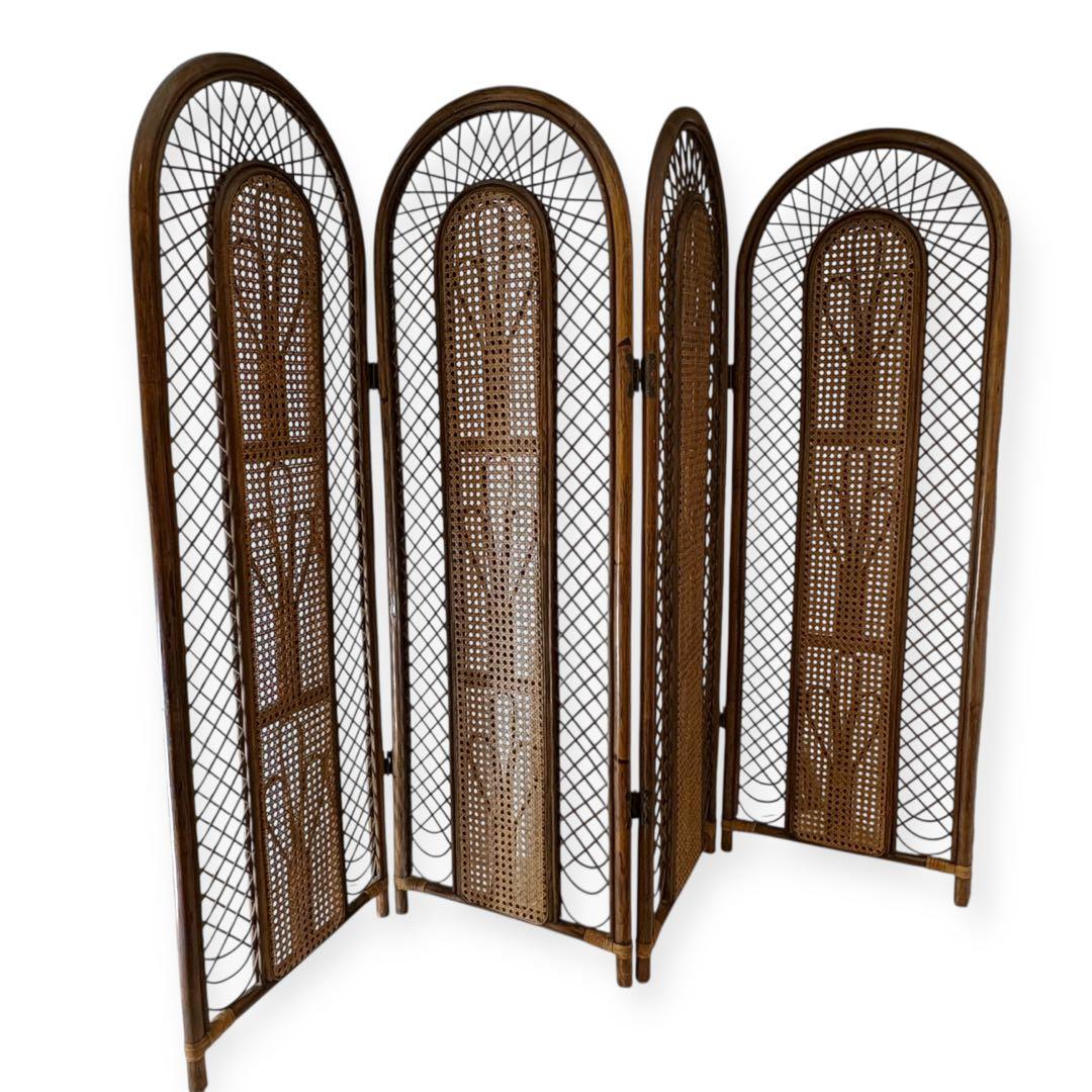 ラタン パーテーション 籐家具 衝立 4連 昭和レトロ アンティーク 高さ137