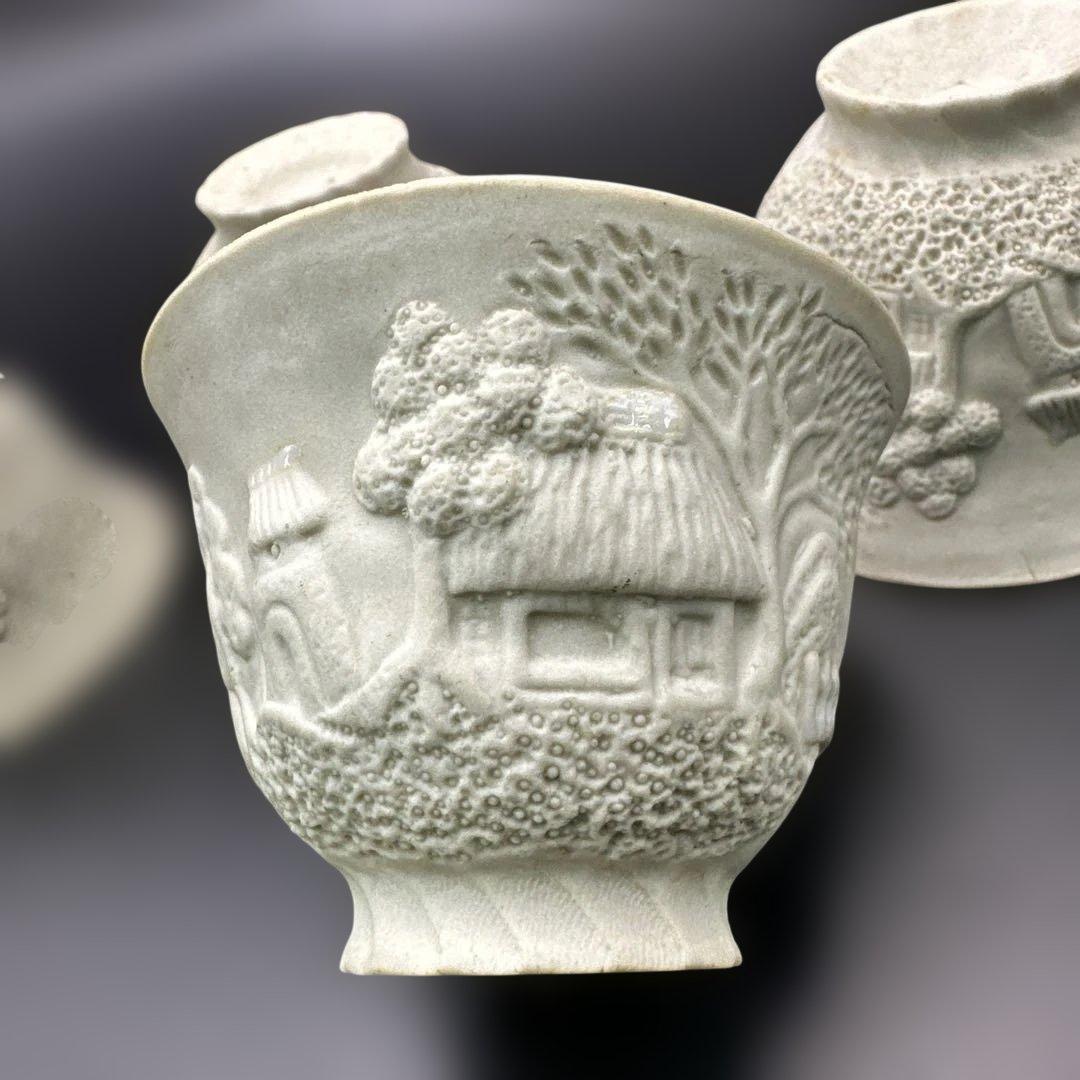 萬古焼，古萬古，浮彫り風景の陶器ボウル4個セット