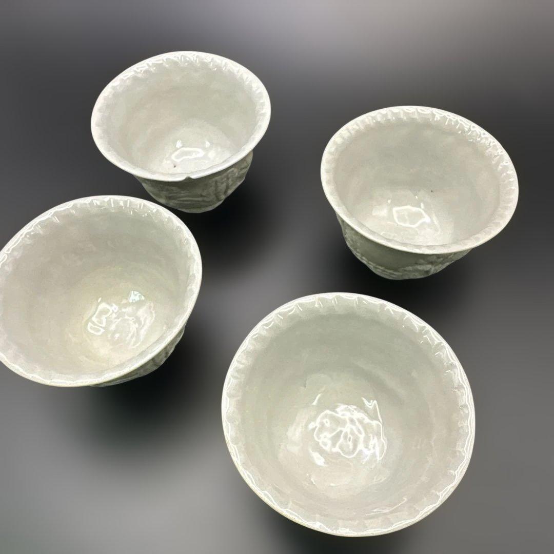 萬古焼，古萬古，浮彫り風景の陶器ボウル4個セット