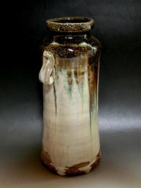 花瓶■唐津 茶陶唐津 鏡山窯【井上東也】花器 耳付き 花入れ 時代物 骨董品■