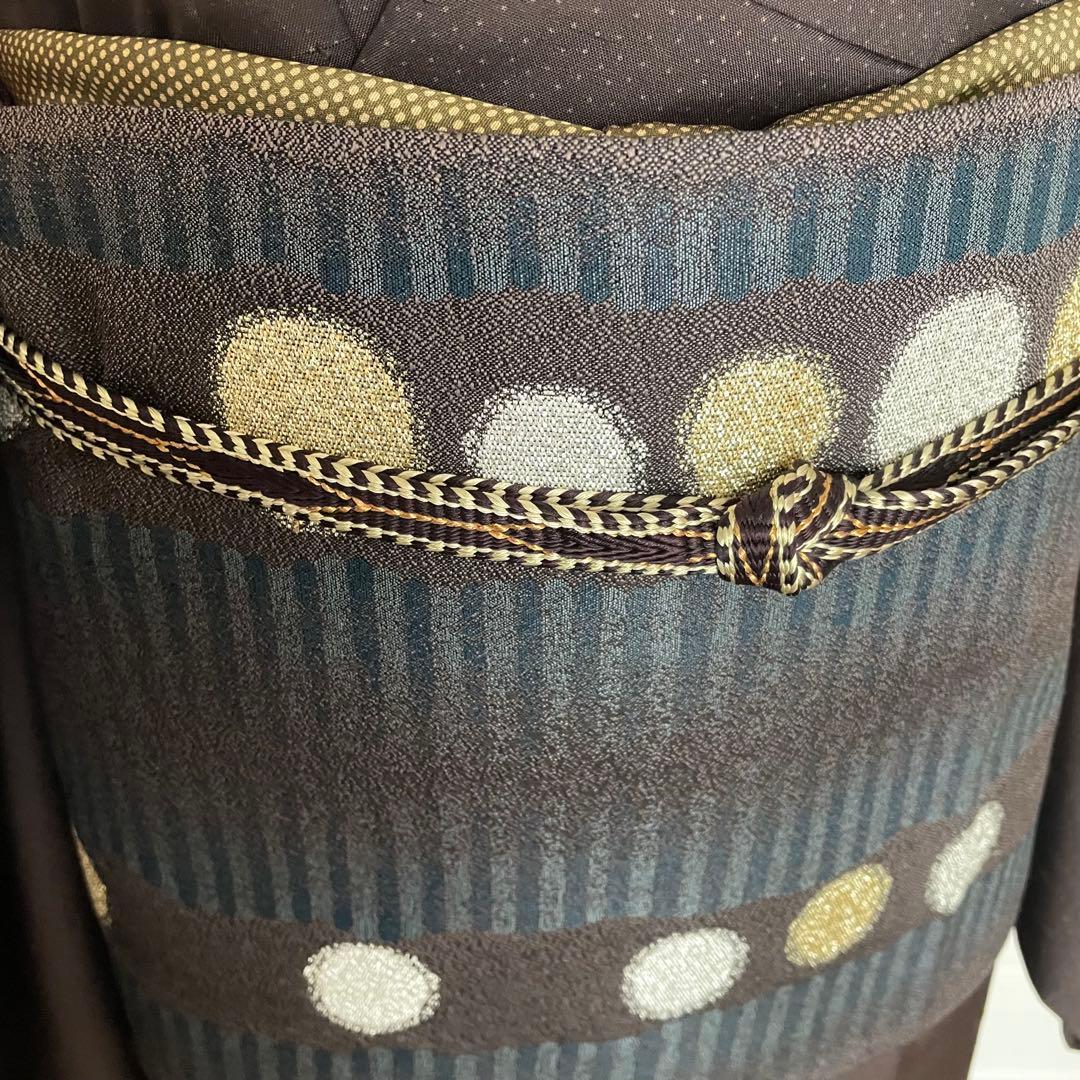 深茶ドット牛首紬 正絹小紋着物