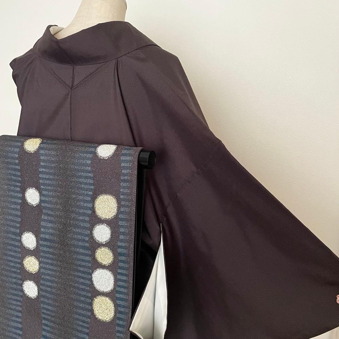 深茶ドット牛首紬 正絹小紋着物