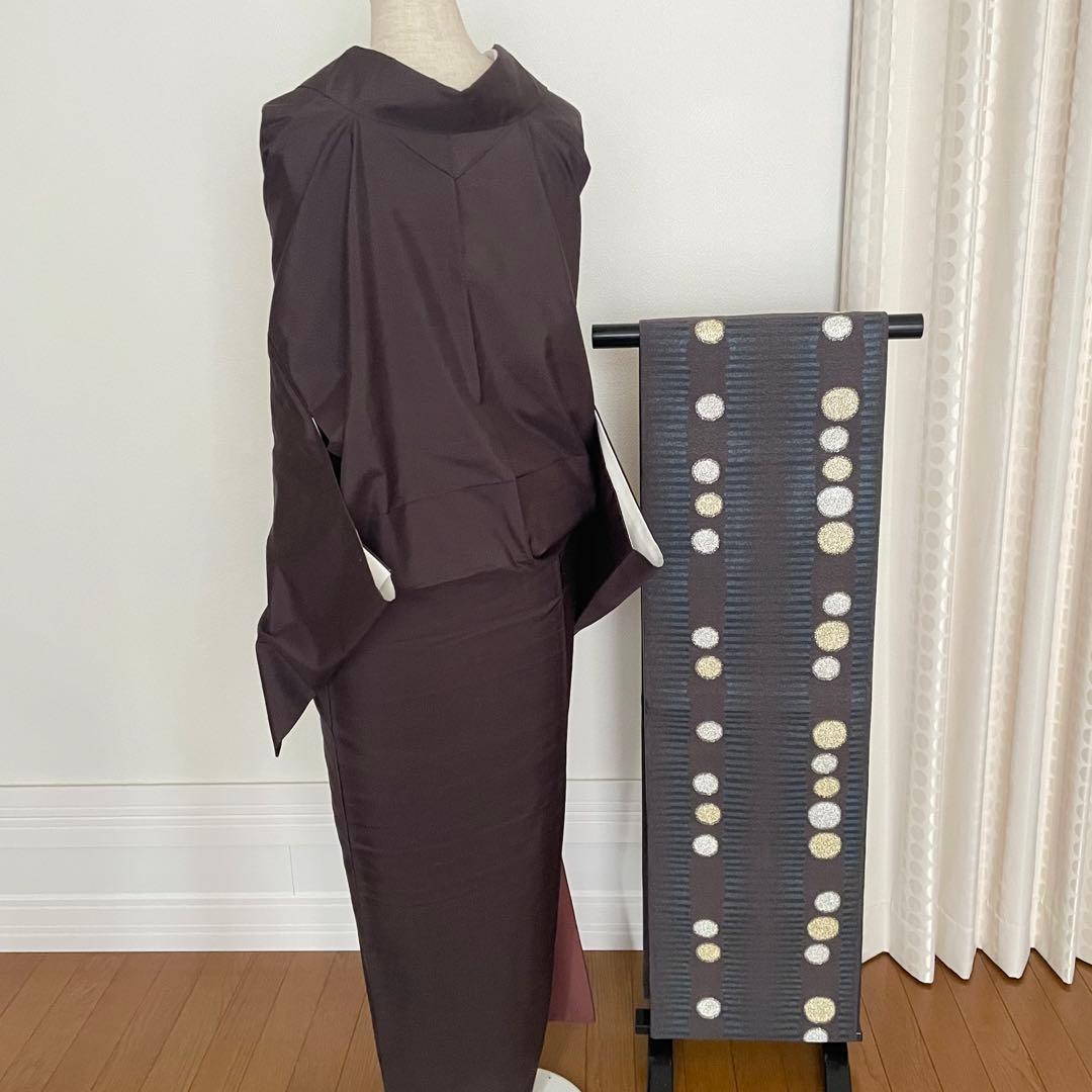 深茶ドット牛首紬 正絹小紋着物