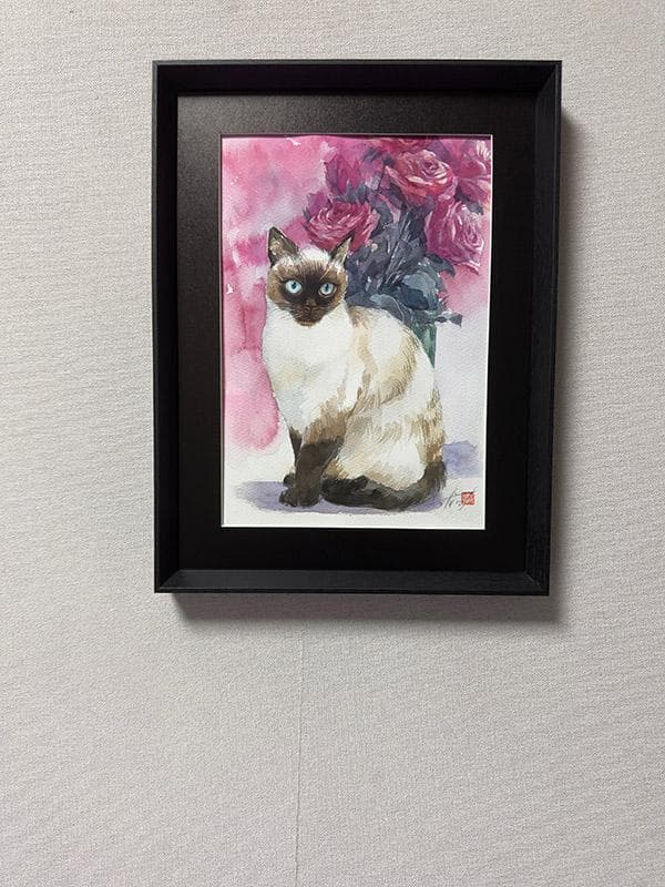 水彩アート「薔薇とシャム猫」1点物、手描き、真筆。