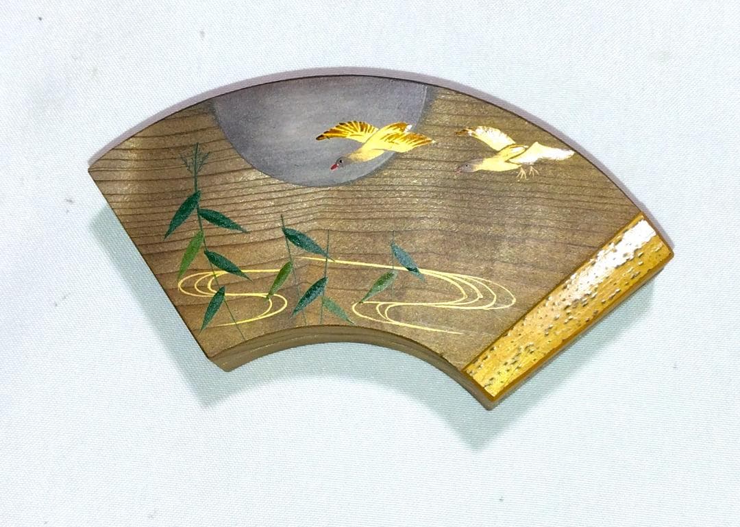 茶道具　加賀山中塗塗師　早見征一作　神代杉二季鳥蒔絵　扇面香合　骨董　美品！！