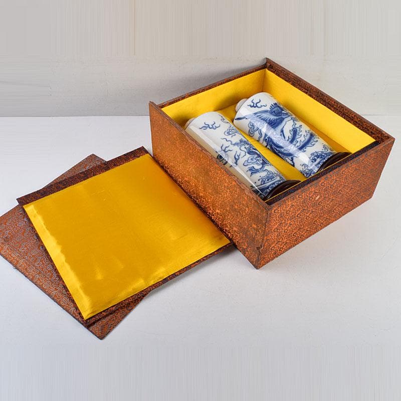 中国　青花　雲龍鳳凰文瓶　花瓶　唐木台付　一双　箱付　V　9066A