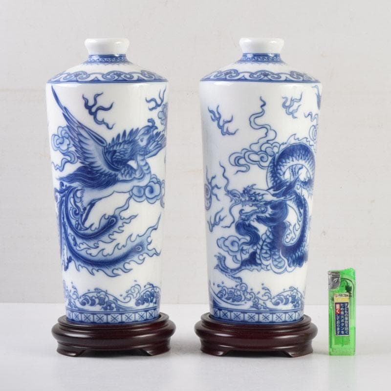 中国　青花　雲龍鳳凰文瓶　花瓶　唐木台付　一双　箱付　V　9066A