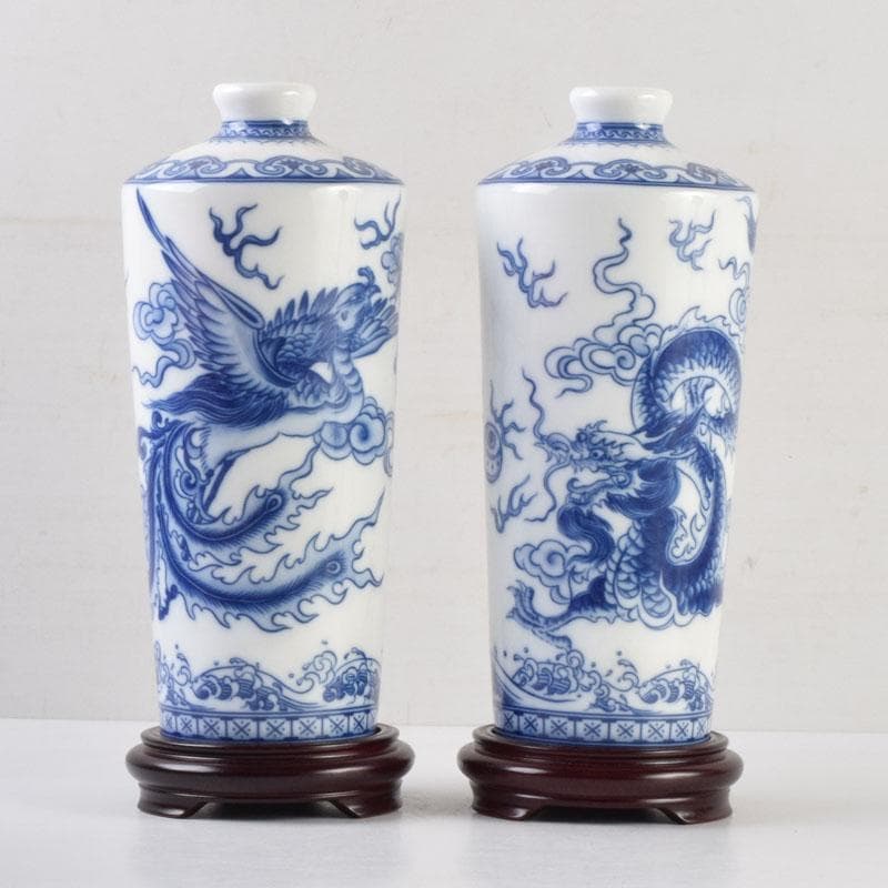 中国　青花　雲龍鳳凰文瓶　花瓶　唐木台付　一双　箱付　V　9066A