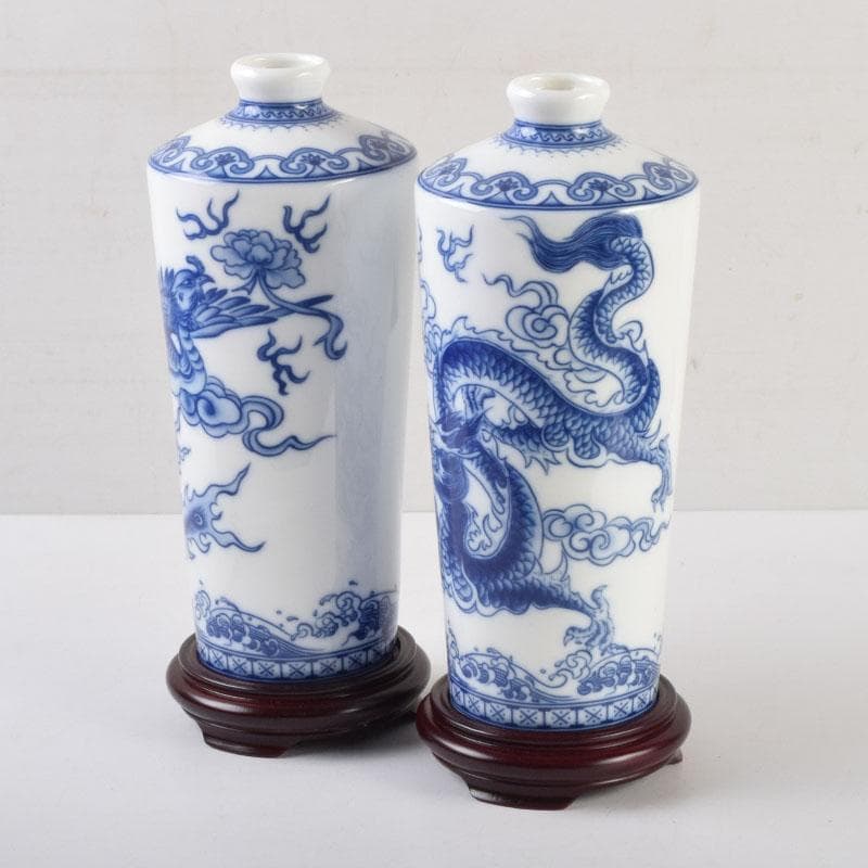 中国　青花　雲龍鳳凰文瓶　花瓶　唐木台付　一双　箱付　V　9066A