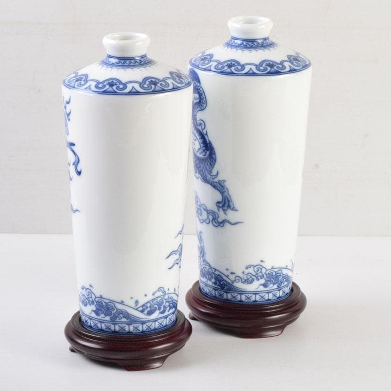 中国　青花　雲龍鳳凰文瓶　花瓶　唐木台付　一双　箱付　V　9066A