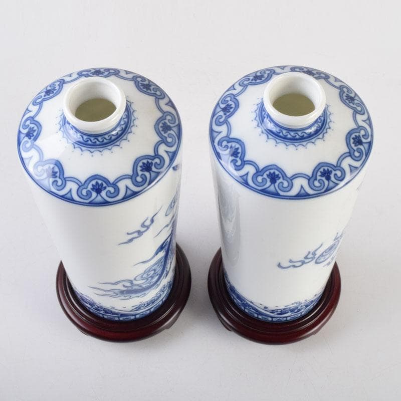 中国　青花　雲龍鳳凰文瓶　花瓶　唐木台付　一双　箱付　V　9066A