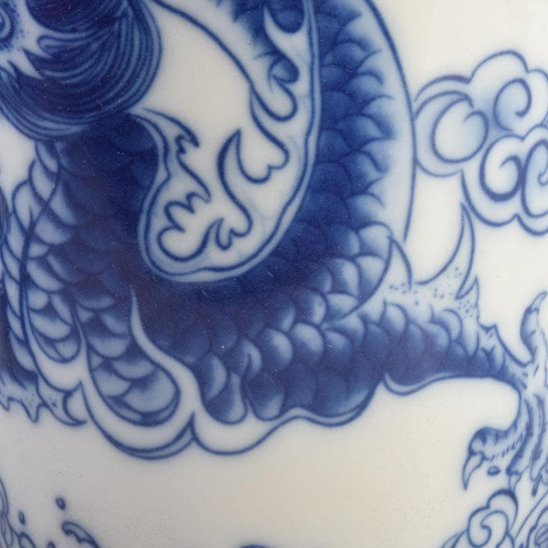 中国　青花　雲龍鳳凰文瓶　花瓶　唐木台付　一双　箱付　V　9066A