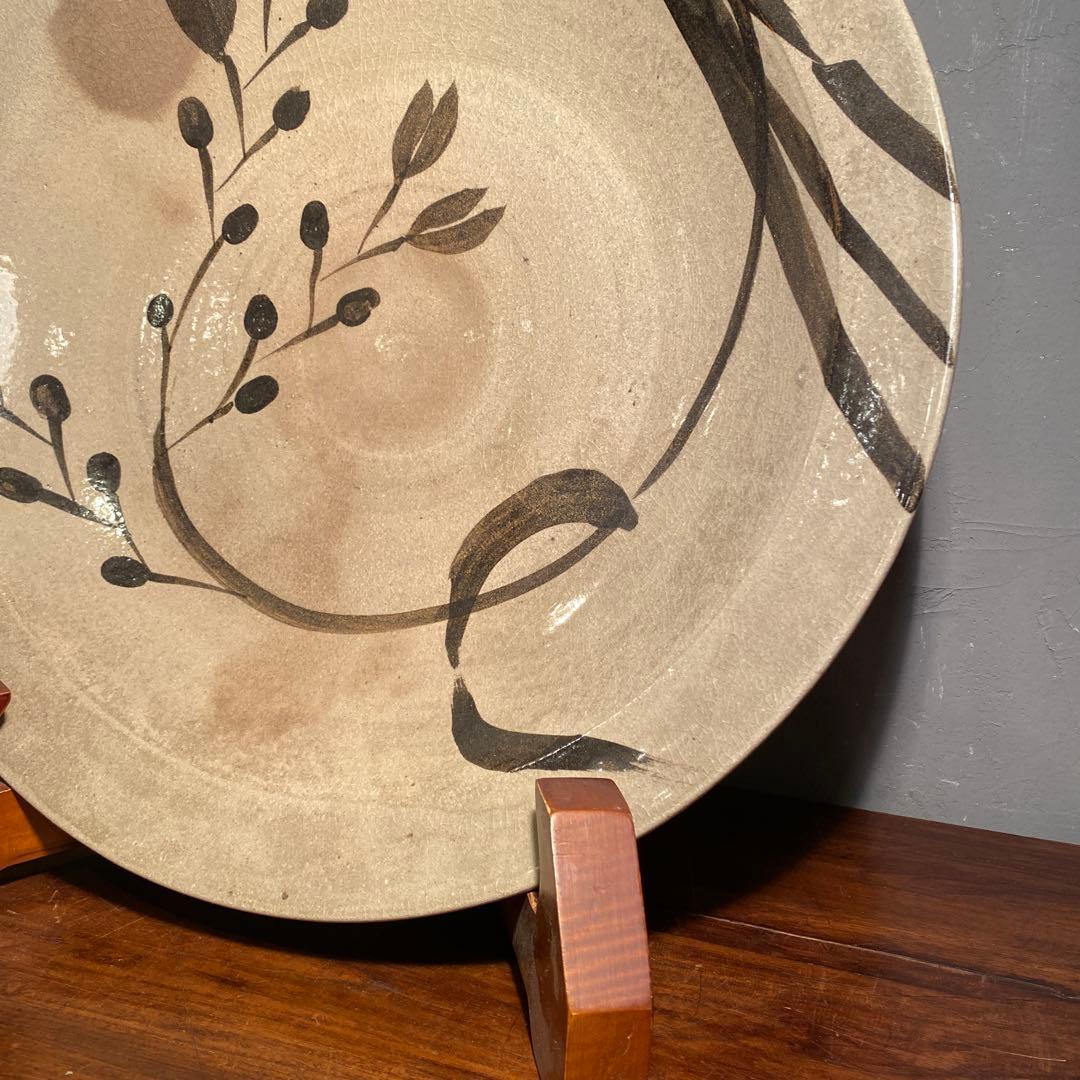 波多野洋荘 鉄絵草花大平鉢 46cm大皿 骨董品 飾り皿 美術品 インテリア