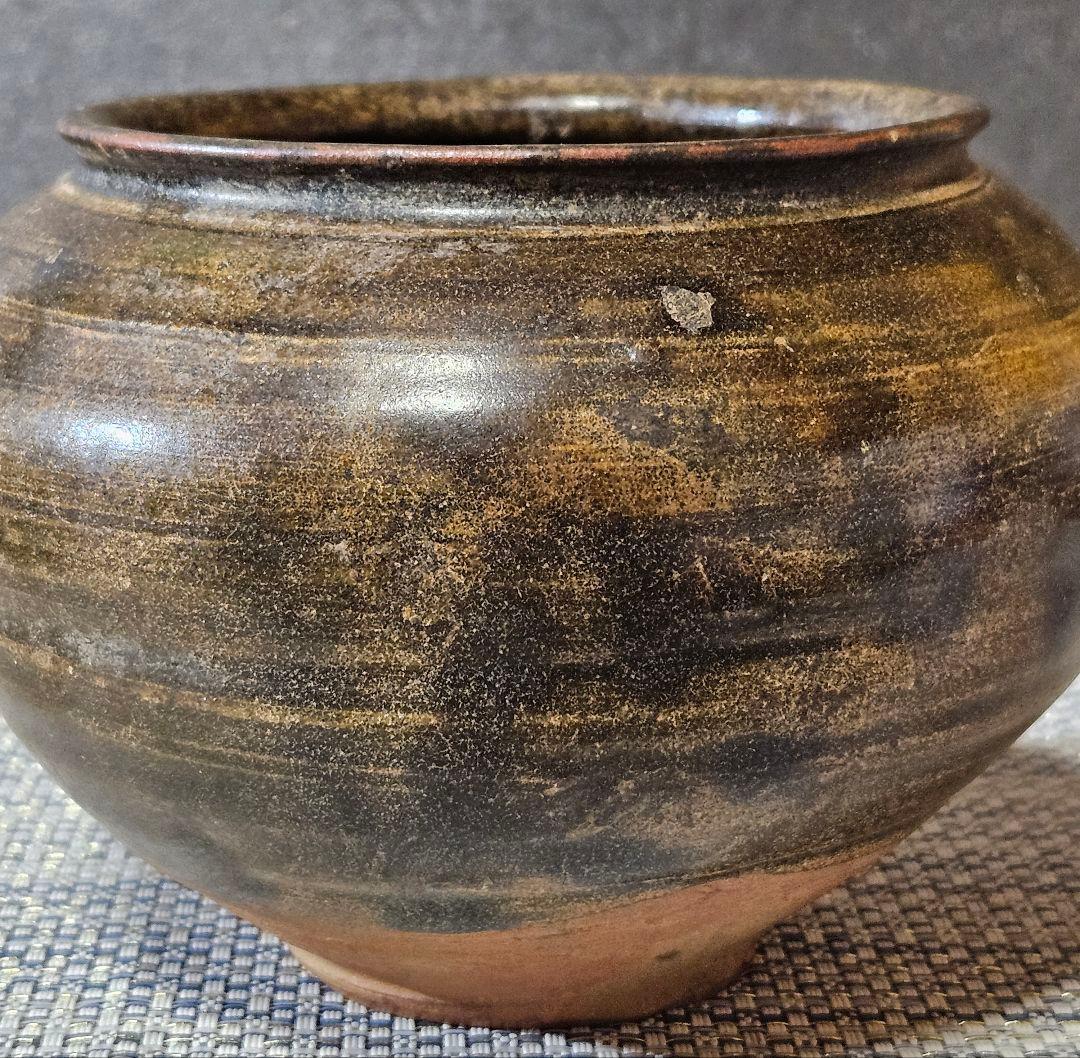 【時代古作品❗】古唐津　灰釉　褐釉　丸壺 　花入れ　花生け　茶道具　茶器　無傷！