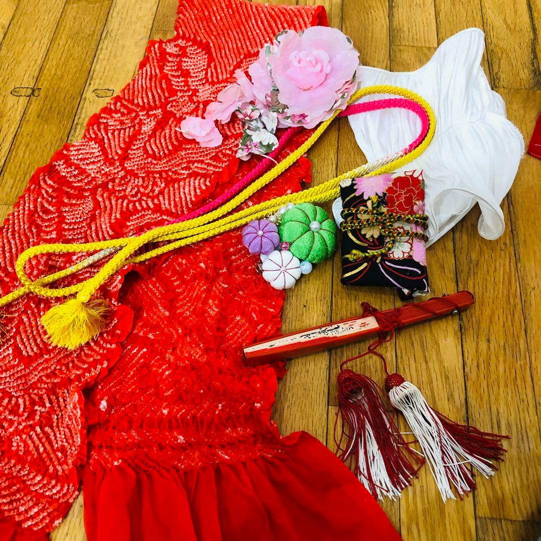 七五三七歳未使用着物‼️人気赤地暈し⭐︎手毬花々煌びやか際立つ⭐︎安心フルセット逸品